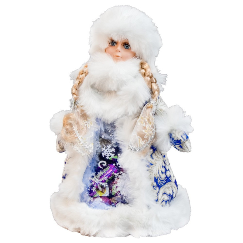Ragazza delle nevi in ​​oro-bianco-blu con contenitore per caramelle 35 cm