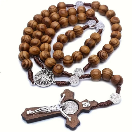 Handgefertigtes Holzkreuz-Rosarien-Kettenhalsband mit braunen Perlen 46cm