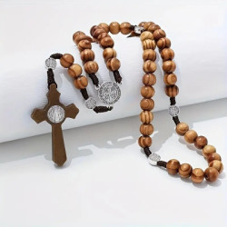 Handgefertigtes Holzkreuz-Rosarien-Kettenhalsband mit braunen Perlen 46cm