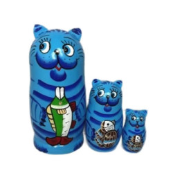 Matrioska Gato Azul con Pez 3 en 1